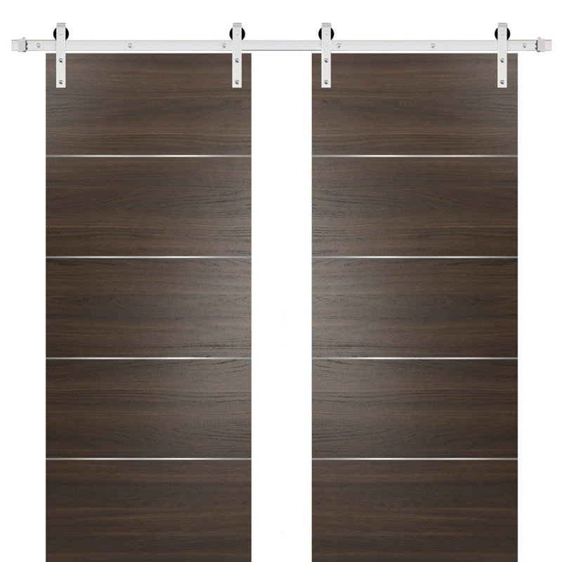 Portes de grange coulissantes doubles avec quincaillerie | Planum 0020 | Ensemble de 13 cintres robustes | Porte de salle de bain de chambre à coucher moderne à panneau solide - Rail argenté