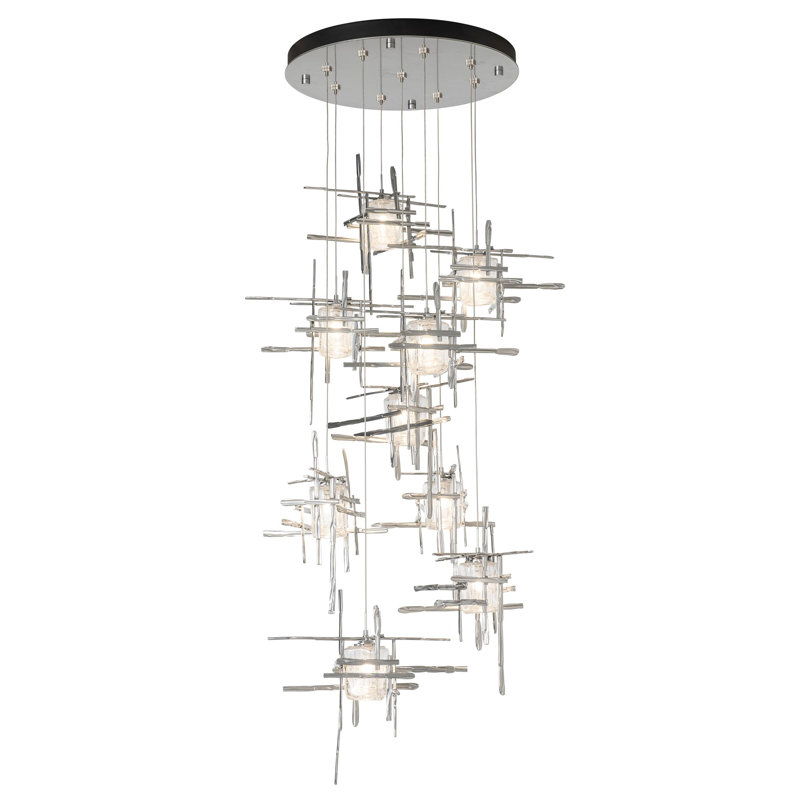 Tura 9-Light Glass Round Pendant, Seeded Clear, 30" - 130", Sterling