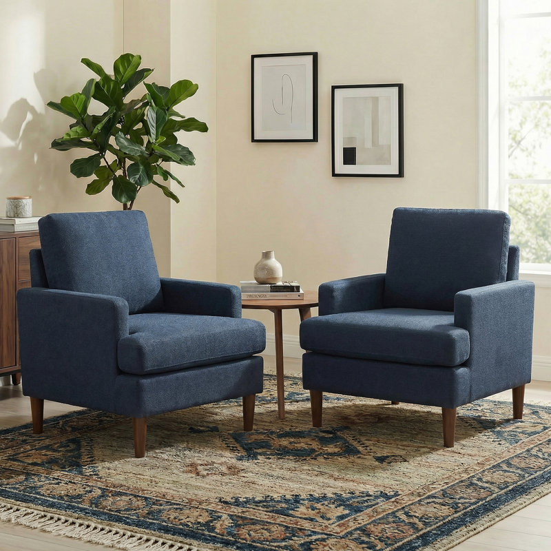 Clancy Armchair With Solid Wood Legs, Mocha Legs Blue Fabric