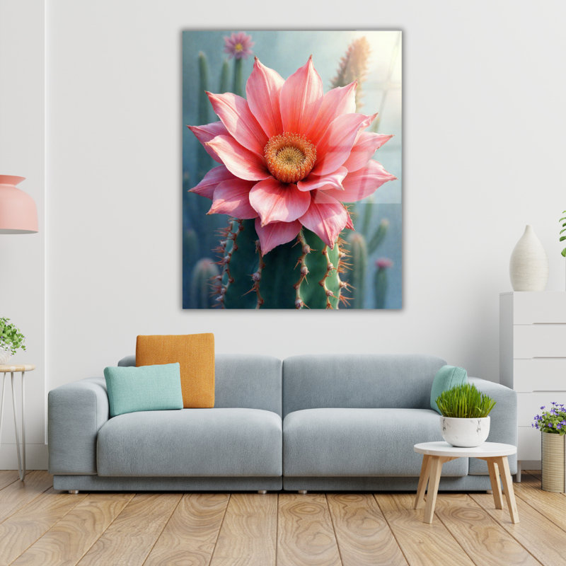 Art mural en verre trempé fleur de cactus, H 12 po x l 8 po