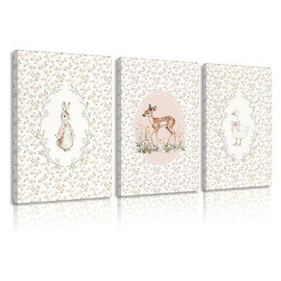 3 pièces encadré pépinière vintage Art mural pour enfants mignon oie lapin cerf décoration murale photos rustiques florales animaux botaniques affiches pour bébé filles Bedoom décoration de la maison 12 x 16 po