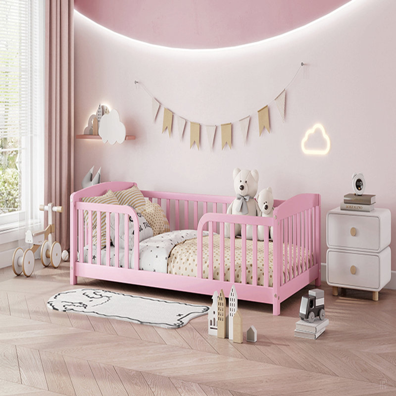 Lit de clôture de plancher avec entrée centrale, lit de plancher en bois de pin avec garde-corps, Lit simple, Rose
