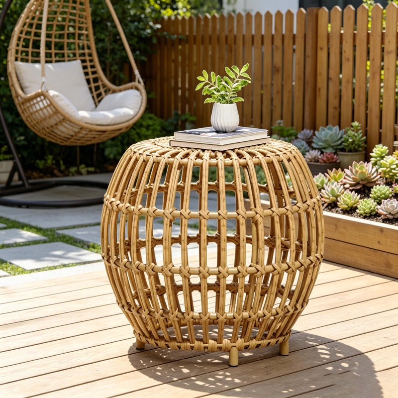 Light Brown Bohemian Faux Rattan Round Accent Table, Handcrafted Wicker Side Table For Indoor & Outdoor Use, For Living Room/Patio/Garden