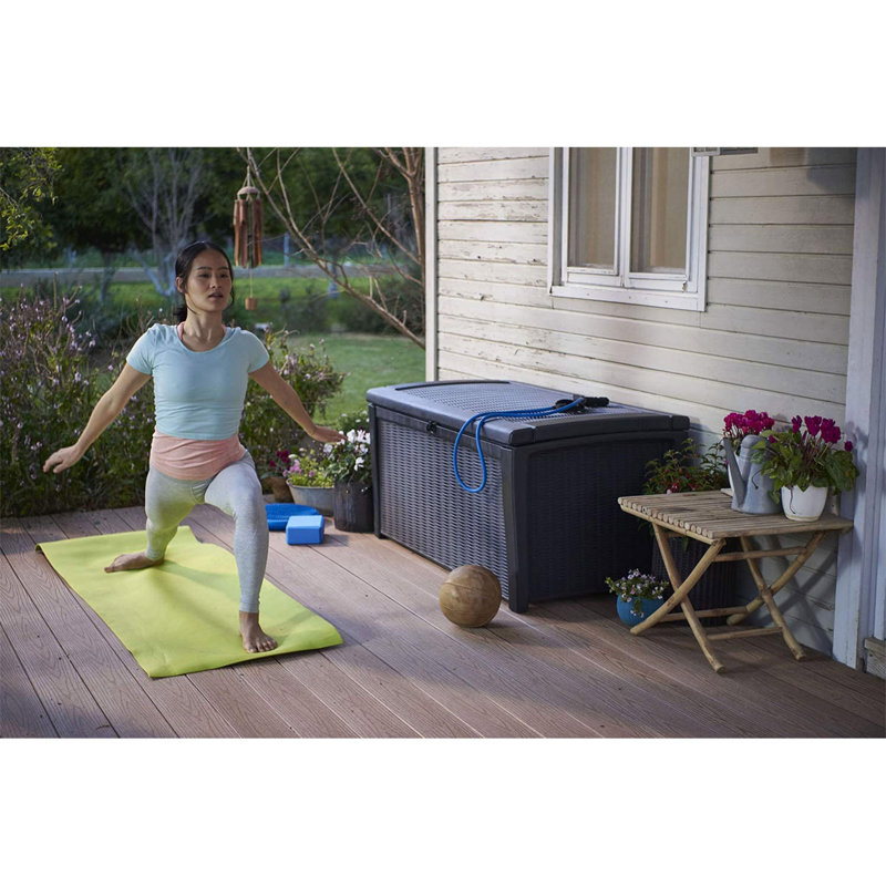 Gray Plastic Wicker Lockable Deck Storage Box Bench