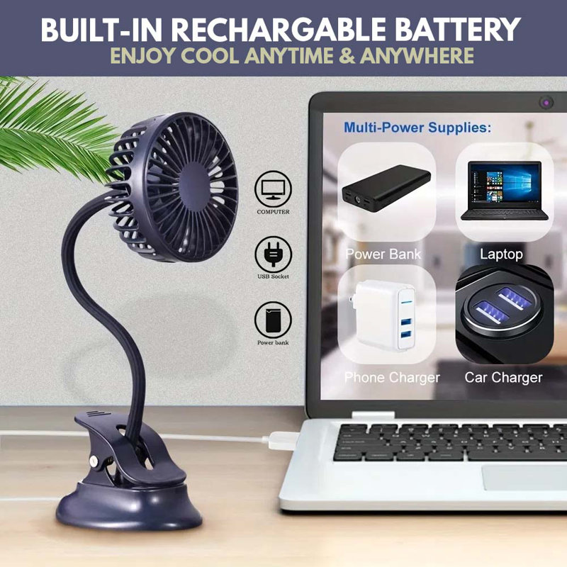 Portable Clip-on Push-pull Fan, 3-speed Usb Rechargeable Silent Desktop Fan With Flexible Bendable Design