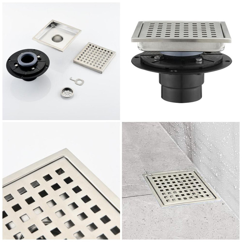 Drain de plancher de douche carré classique 6 po, Nickel brossé
