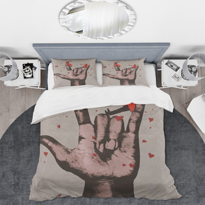 I Love You Sign With Romantic Couple - Modern Duvet Cover Set - Microfiber Polyester