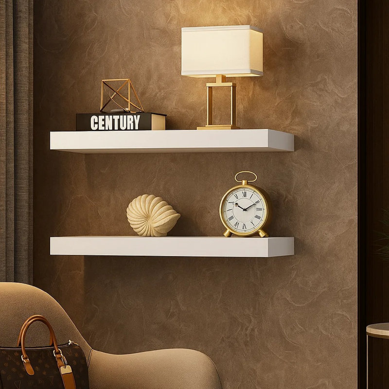 Yuna Floating Wall Shelf Set Of 2, White Honeycomb MDF, Metal Accents, 16 Inch, White, 1.5'' H X 15.7'' W X 9.1'' D