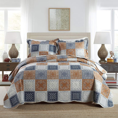 HoneiLife King Size Blended Fabric Classic Brown Square Pattern Quilt Bedding Set, Quilted Bedspread with Pillow Shams
