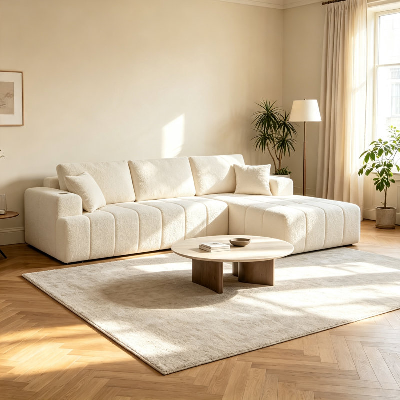 Canapé modulaire en chenille de 108 po en L 108 po beige, canapé à compression 4 places avec méridienne droite, porte-gobelets et poches latérales, canapé rembourré sans assemblage pour le salon