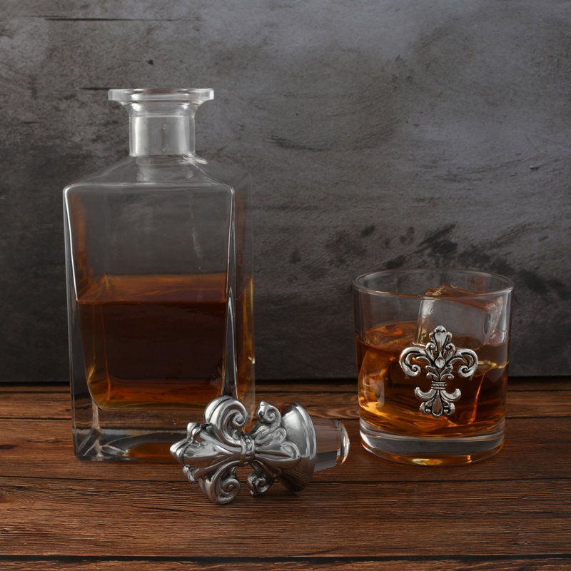 Fleur-de-lis Glass Decanter Set with Metal Accents