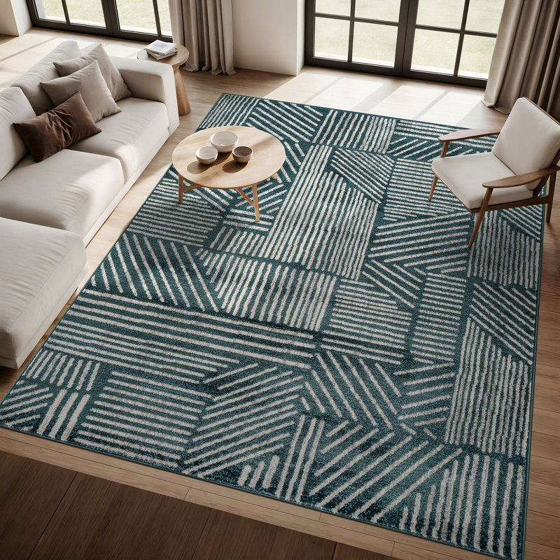 Rambo Geometric Black/Ivory Area Rug, Rectangle 7'10" x 10', Teal