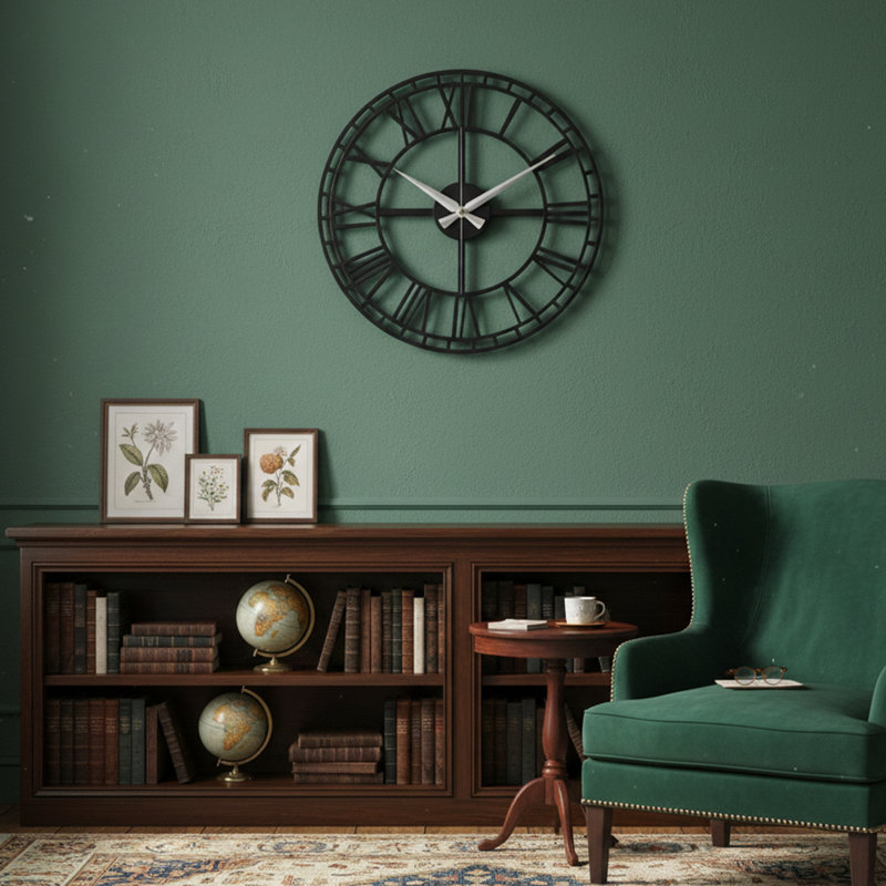 Large Black Metal Skeleton Round Wall Clock