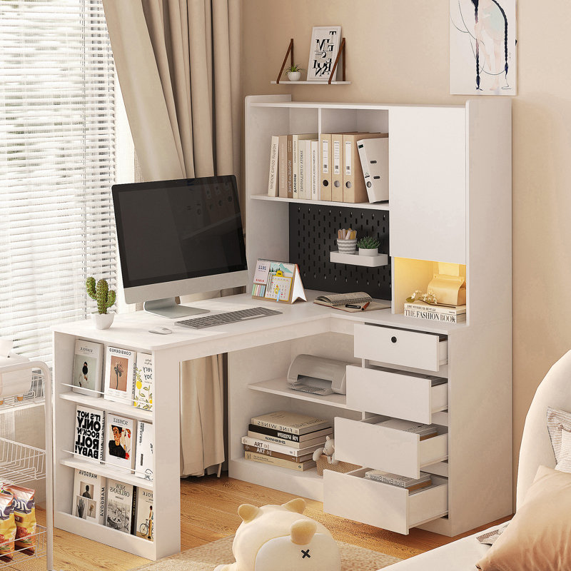 L Shaped Desk With Charger,Computer Desk With Drawers,Bookshelf, With LED Light,Modern Corner Desk,Home Office Desk,L-Shaped Study Table Writing Desk,Corner Gaming Computer Desk With Storage