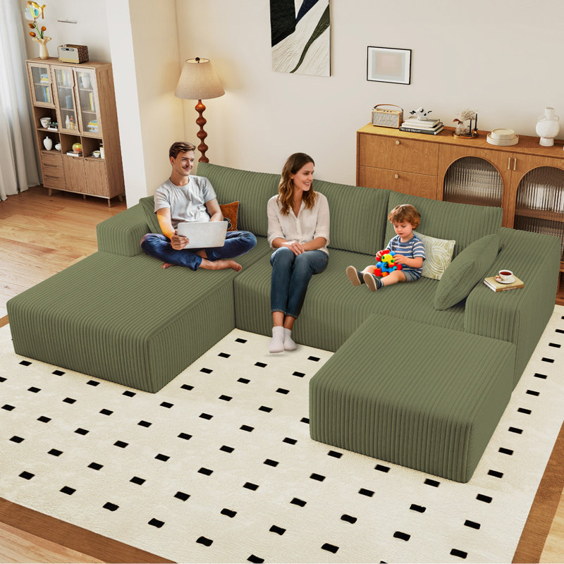 Boneless 96" Cloud Couch Modular Sectional Sofa for Living Room, U-Shape Boneless Couch with Deep Seat, Modern Corduroy 3-Seater with Ottoman, No Assembly Required