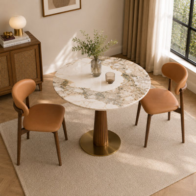 Ensemble de salle à manger bistro moderne 3 pièces, table ronde en pierre frittée de 33,5 po avec pied central en bois d'hévéa cannelé et 2 chaises de salle à manger rembourrées pour petits espaces
