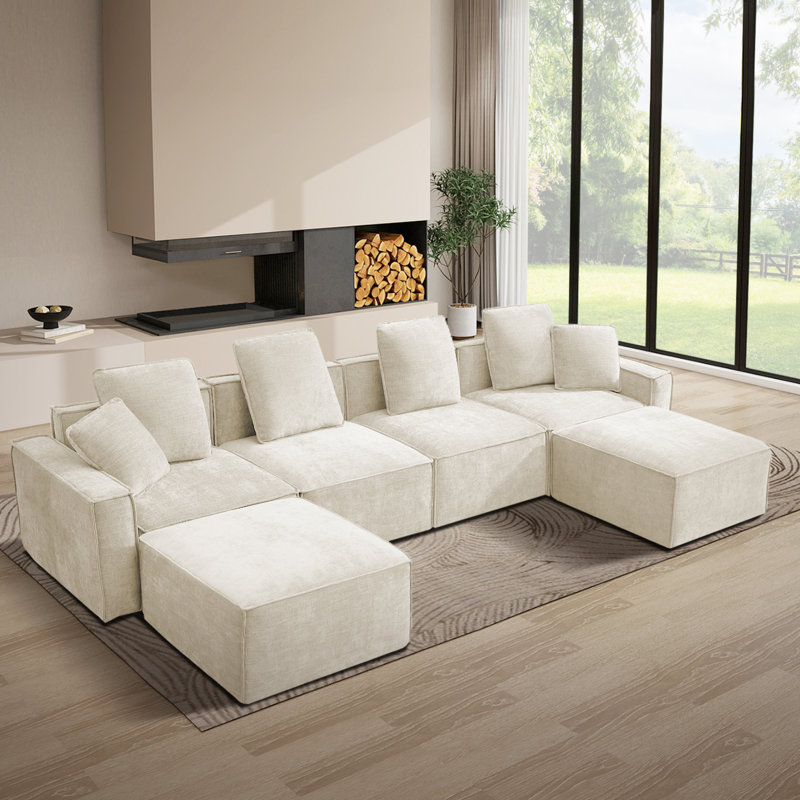 6-Piece Upholstered Boneless Modular Sectional Couch U-Shaped Sofa With Ottoman, Beige Polyester Blend