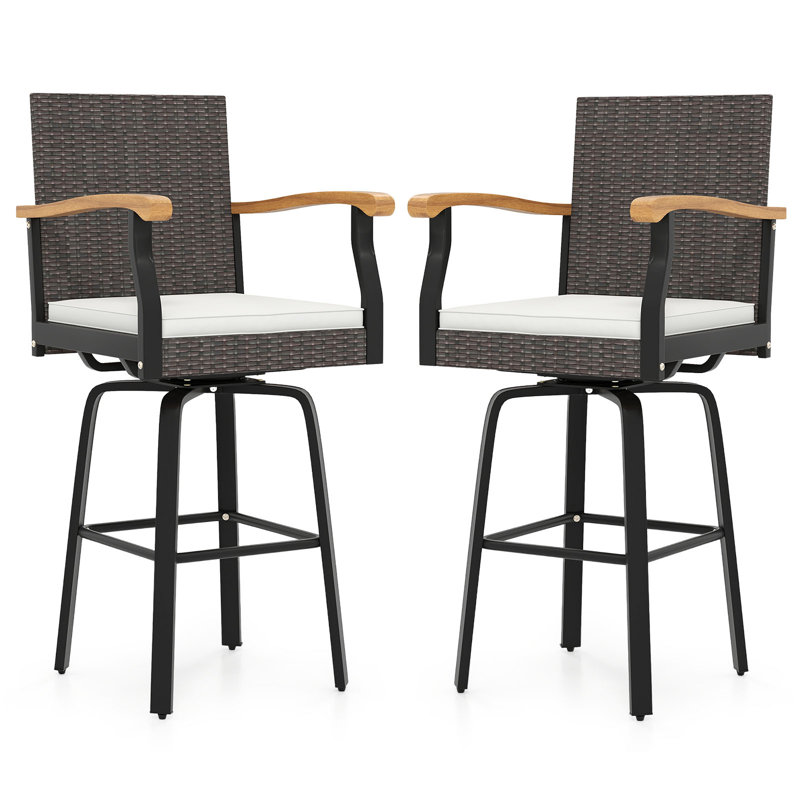 2 PCS Outdoor Rattan 360 degree Swivel Bar Stool w/ Removable Cushion Footrests, 2