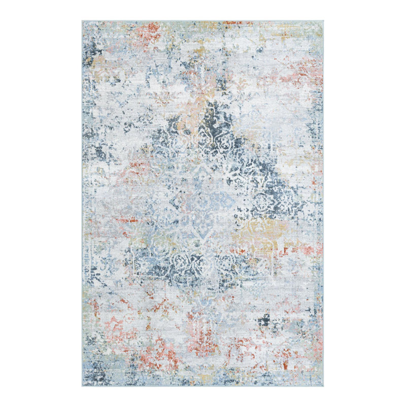 Tapis gris / bleu marine / taupe en polyester tissé à la machine Massie, Rectangle 6 pi 1 po x 9 pi