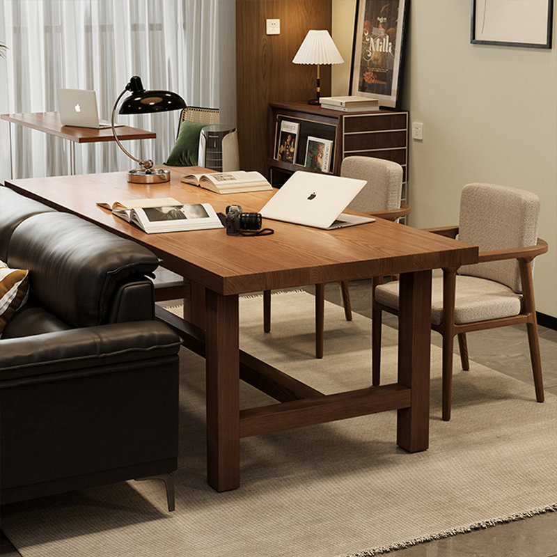 Tan Rectangular Solid Wood desk, 29.53" H x 62.99" W x 31.5" D