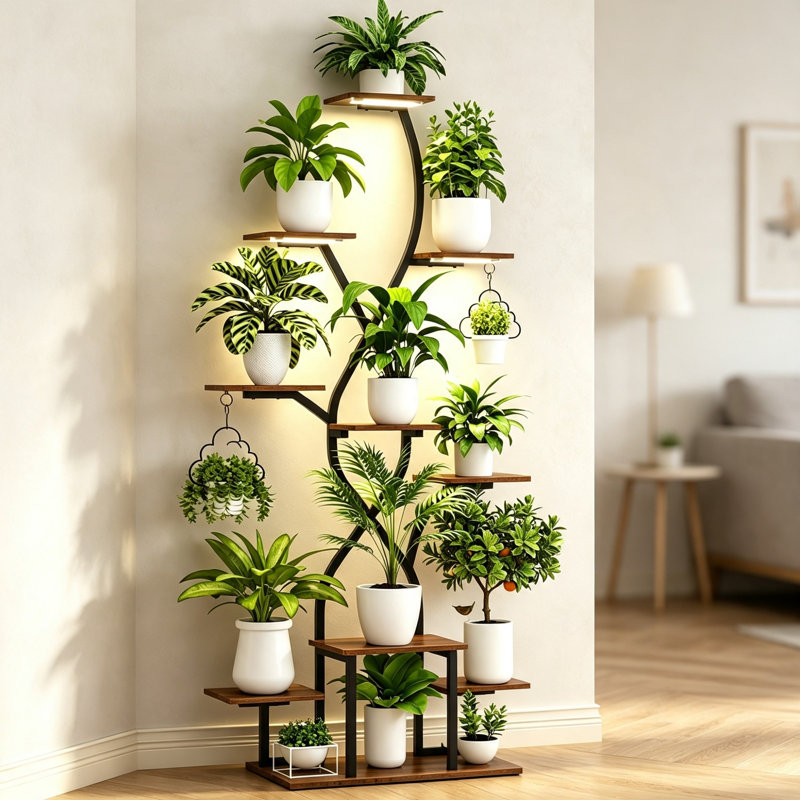 10-Tier Metal Plant Stand with Grow Lights, 63" Tall Plant Display Shelf for Multiple Plants, Indoor & Outdoor Flower Holder for Home and Patio Corner Decor