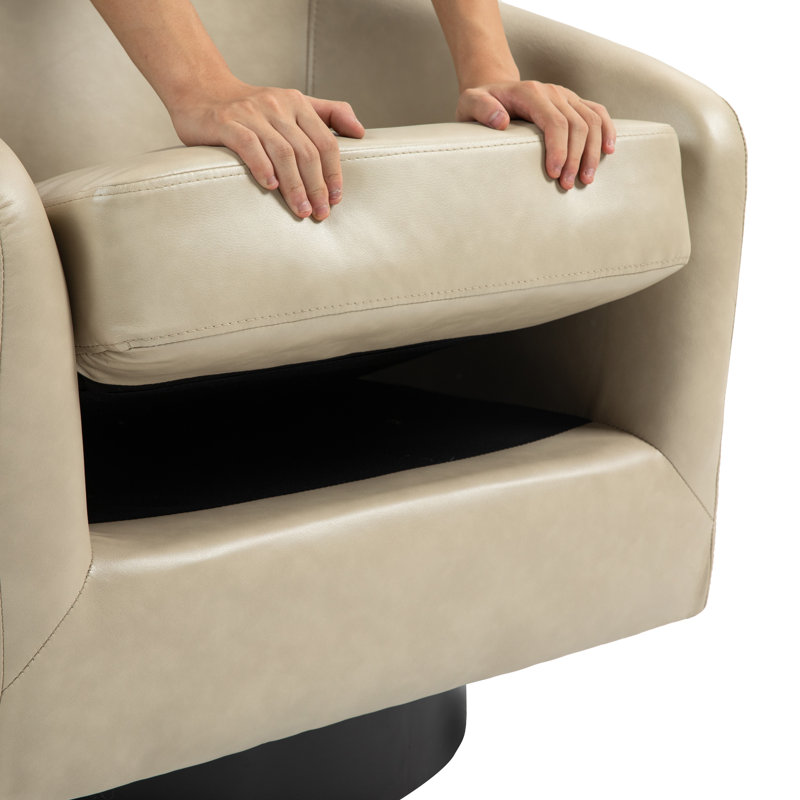 Applewold Upholstered Cream Faux Leather Swivel Barrel Chair with Solid Wood Base, Cream