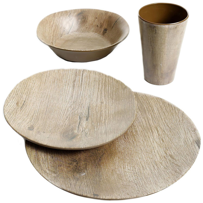 Woodgrain Brown Melamine Round Dinnerware Set, Service for 4