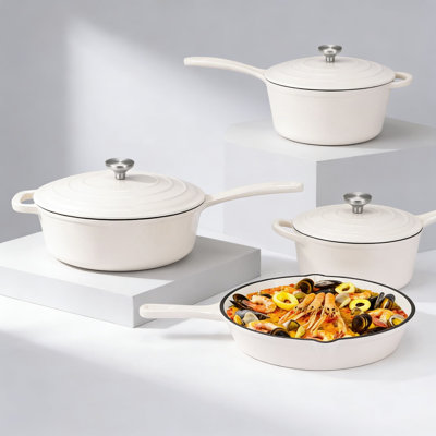 Enameled Cast Iron Cookware Set, 4-Piece Nonstick Pots And Pans Set With Lids, Dutch Oven For Baking, Sautéing & Slow Cooking, Oven Safe To 500°F For All Stovetops