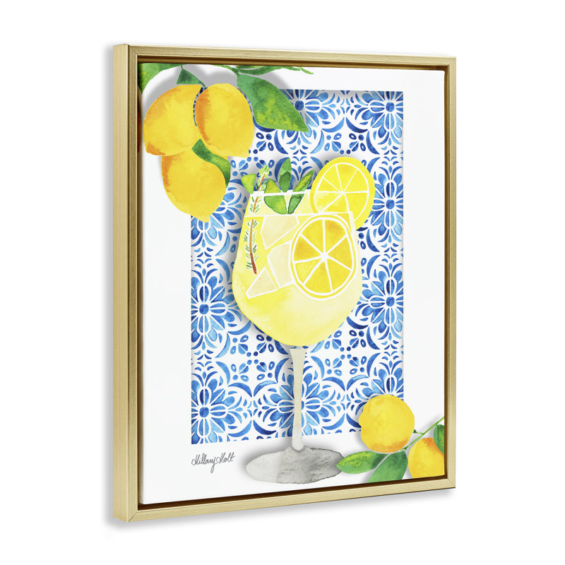 Cadre flottant méditerranéen Limoncello Drink, design par Hillary Holt, H 21 po x l 17 po, Cadre flottant métallique doré