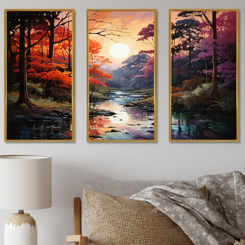 River Though Forest Sunrise II - Ensemble de décoration murale sur le thème de la forêt, Cadre flottant doré