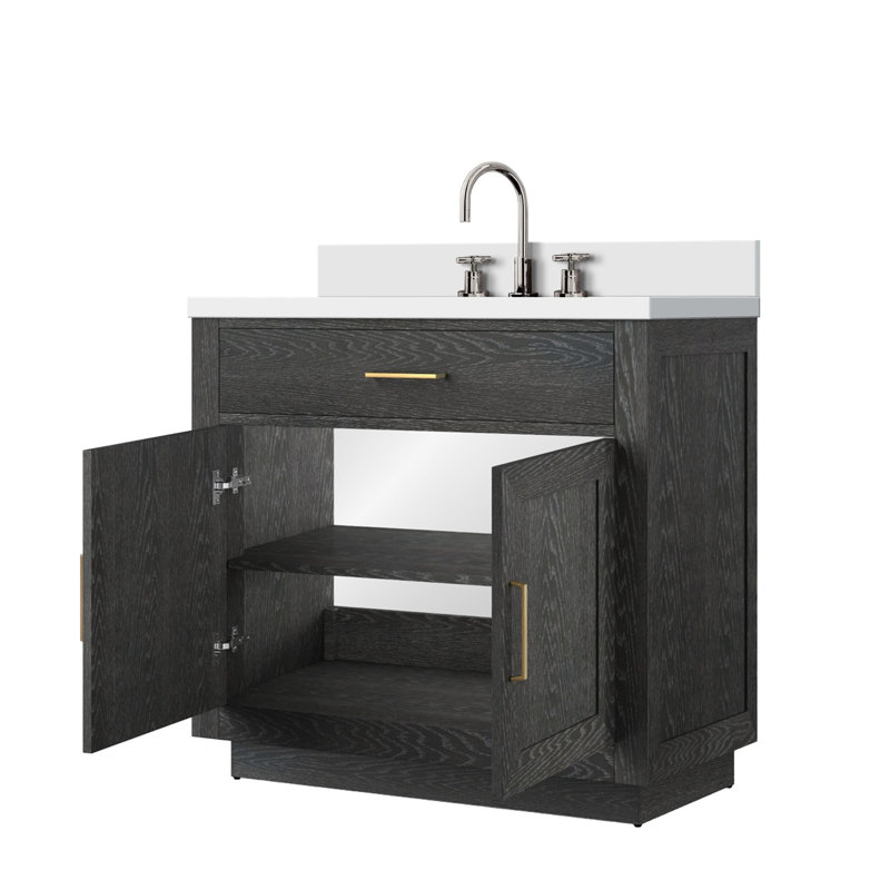 Ensemble de meuble-lavabo simple en chêne noir l 36 po x P 22 po, comptoir en quartz blanc et robinet, Black/Gold