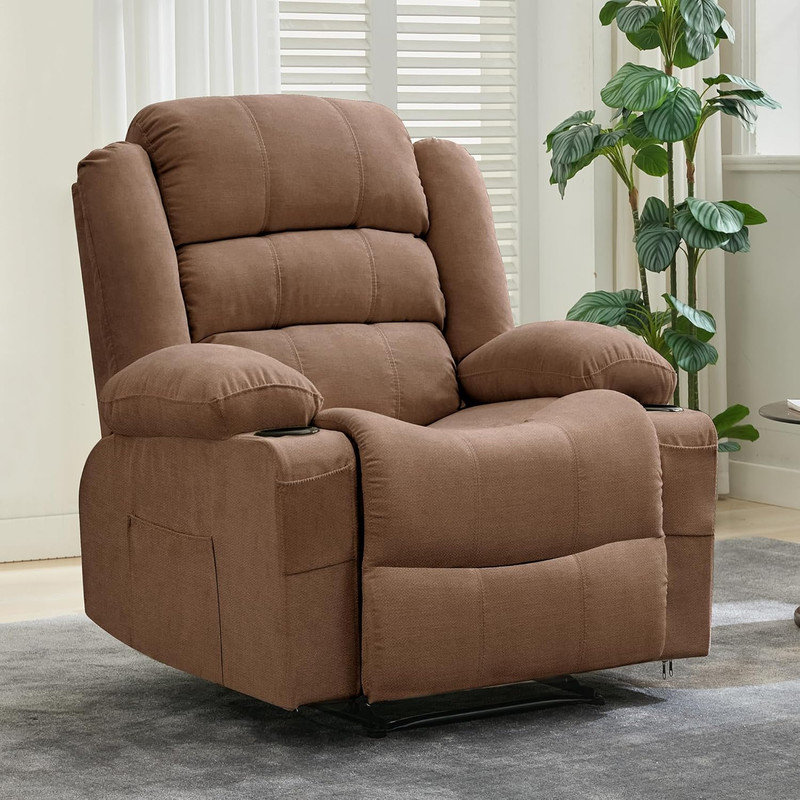 Wide Recliner Chair for Living Room, Rocking Nursery Glider with Cup Holder & Side Pockets, Brown
