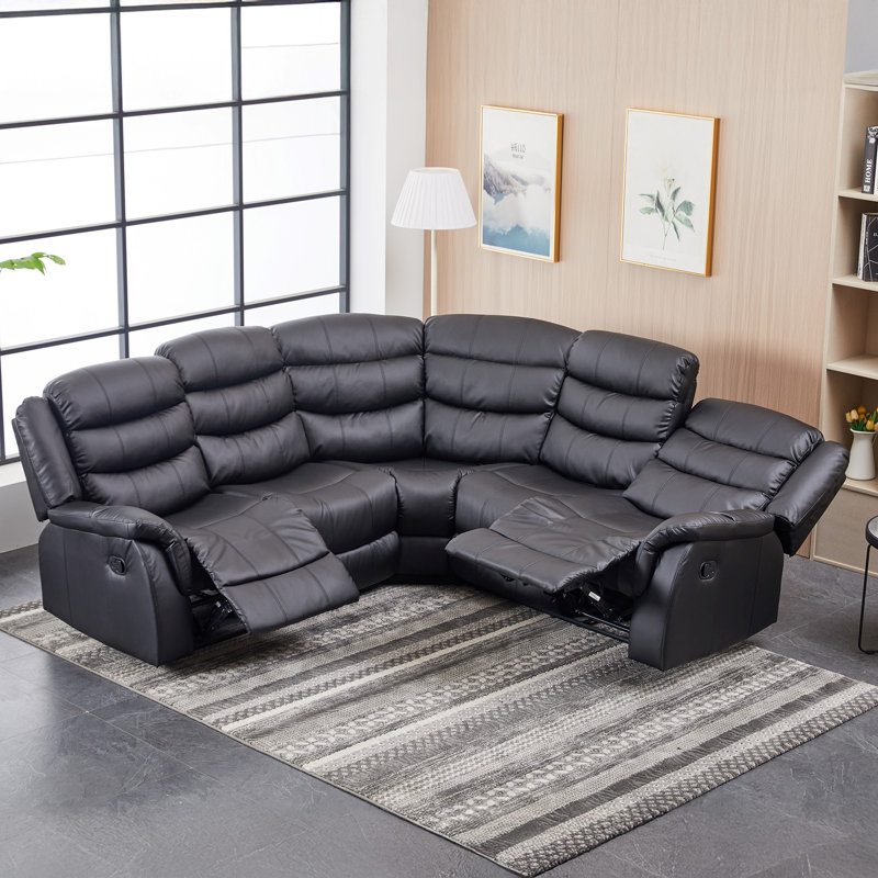 Lotus 6 Seater Faux Leather Reclining Corner Sofa , Black
