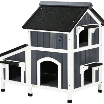 Maison d'extérieur pour chat - Toit et jardin avec entrées multiples pour 15 livres et plus de chats lourds, gris avec lit