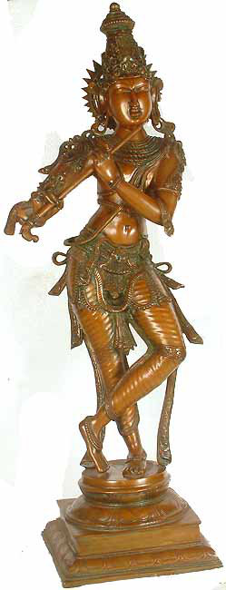 Brass Krishna Flute Player Statue, 36 in. Tall     Handcrafted Hindu Deity Sculpture for Living Room & Meditation Space