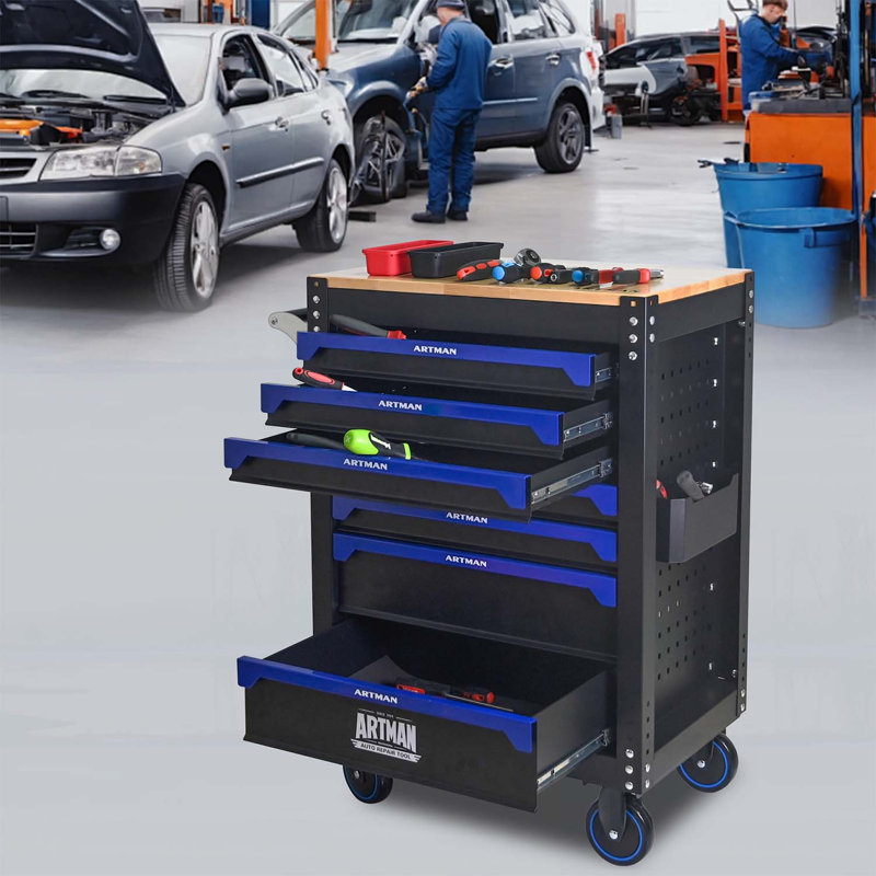 Chariot à outils 30 pouces à 7 tiroirs à plateau en bois avec poignée et roulettes, idéal pour les garages, les entrepôts et les ateliers de réparation