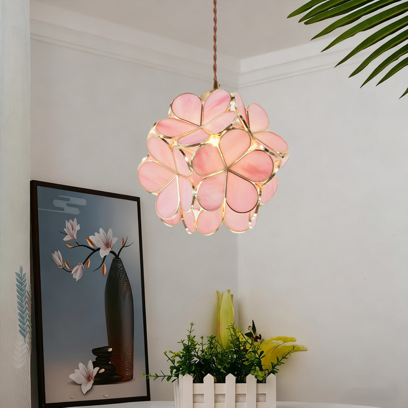 Luminaire suspendu en verre rose avec plaque de plafond en laiton, ampoule incluse