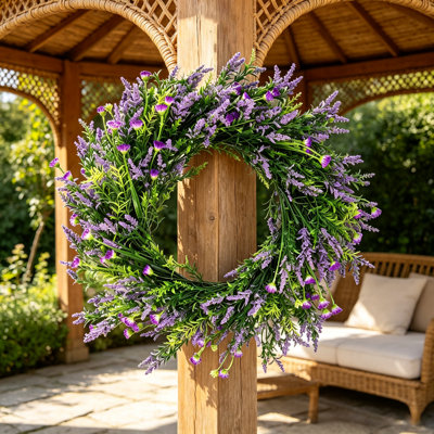 19.69 Inch Artificial Lavender Wreath for Front Door, Faux Floral Wreath with Greenery, Year‑Round Farmhouse Wreath for Porch Patio Window Wall Home Decor