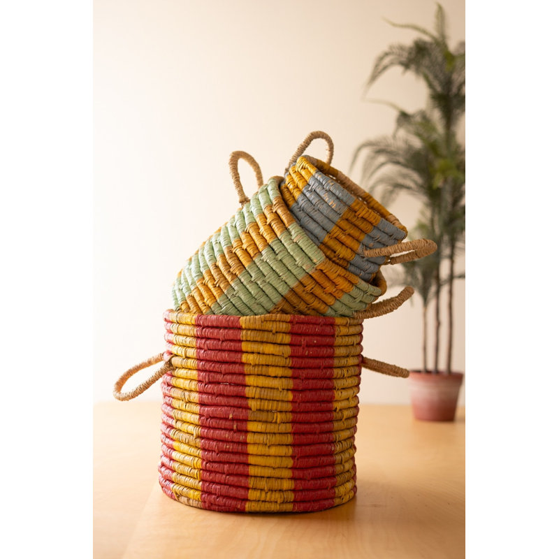 Kalalou Set of 3 Seagrass Baskets with Multi-Colored Stripes