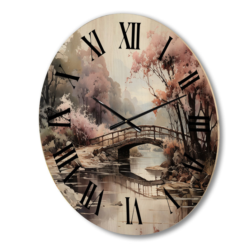 Horloge murale surdimensionnée en bois Pink Bridge Misty Morning Passage, Grand
