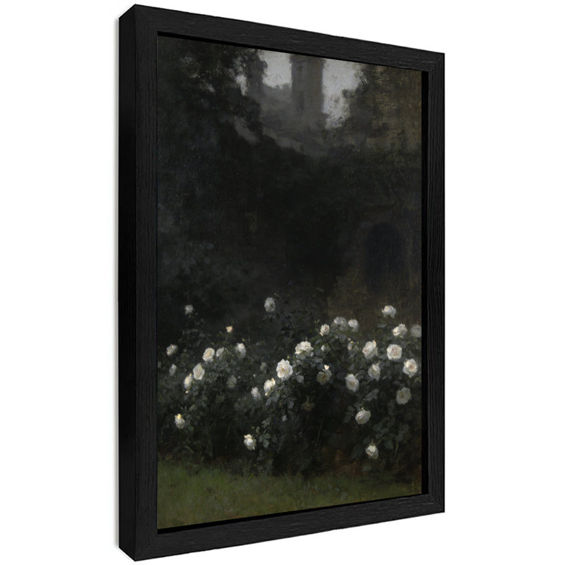 Reproduction d'art encadré noir et rose blanche dans la brume, H 25 po x l 17 po