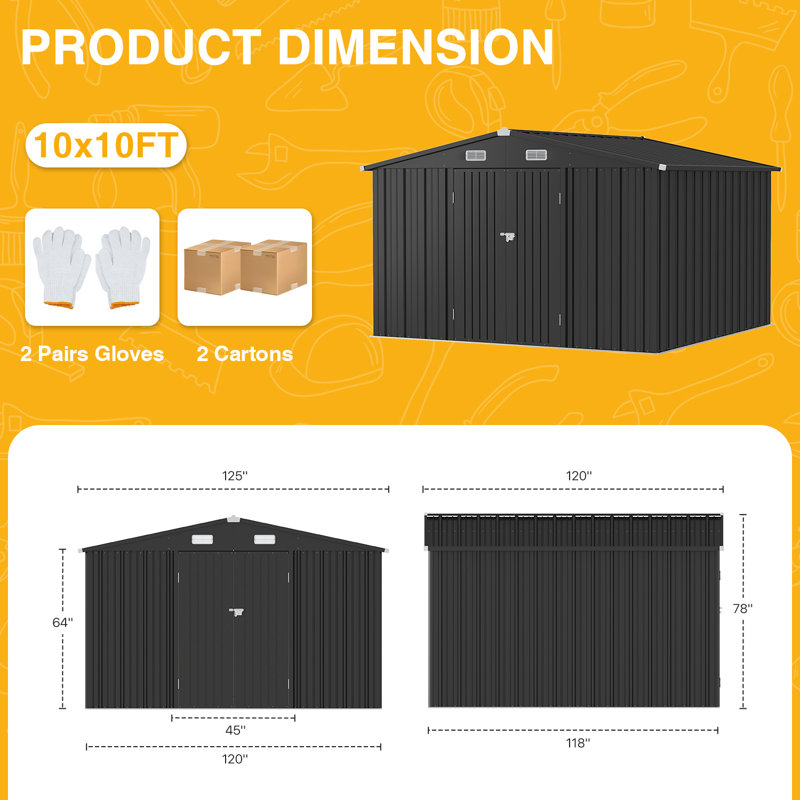 10 Ft. W X 10 Ft. D Outdoor Metal Storage Shed With Metal Base Frame Kit