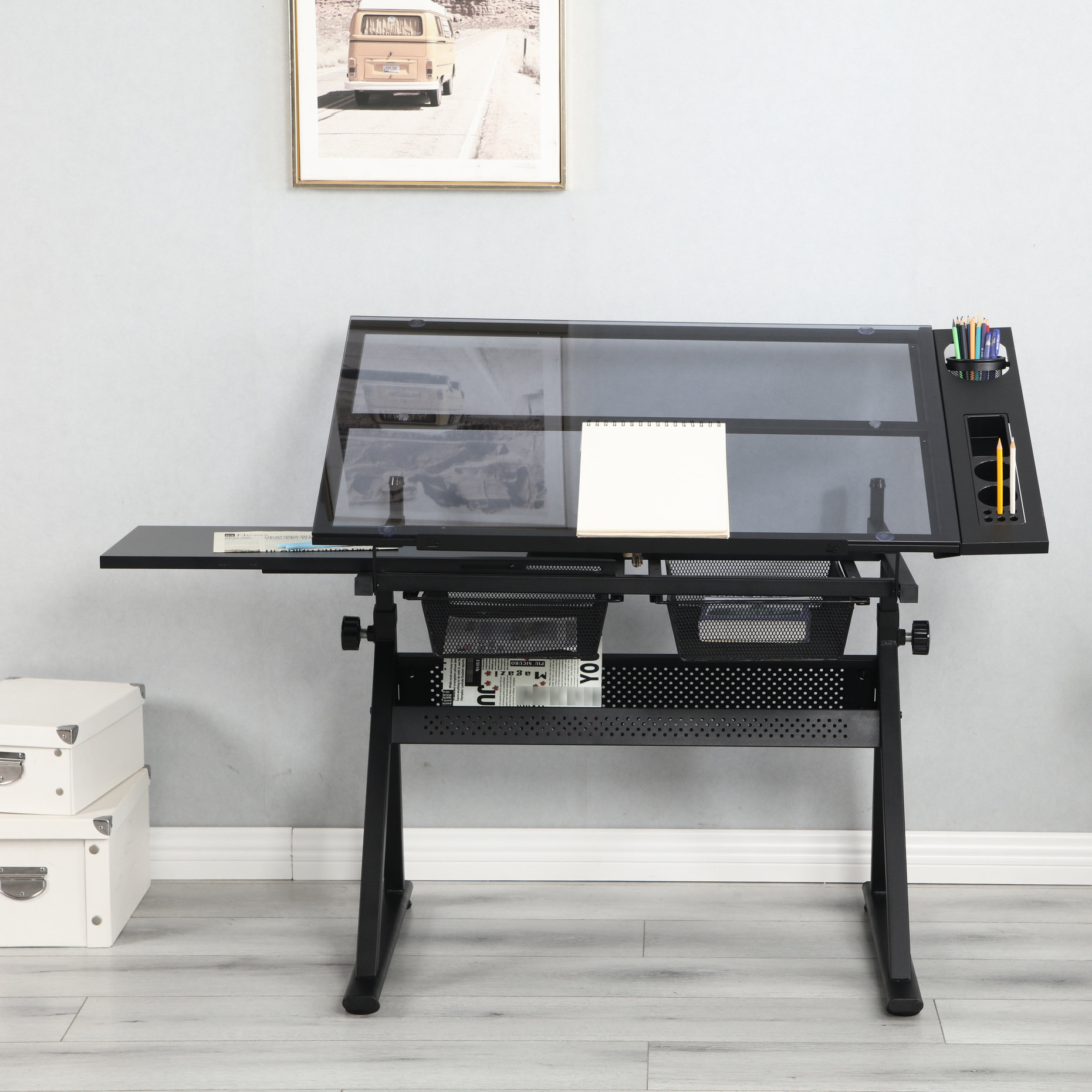 Ivy Bronx Adjustable Tempered Glass Writing Desk With Chair & Storage ...