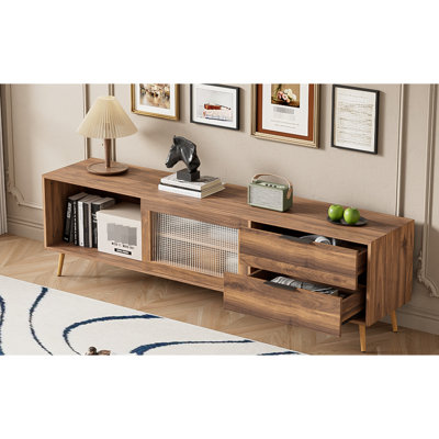 Console de télévision avec 2 portes et tiroirs en verre, 70 po pour le salon, meuble moderne en noyer, meuble télé 75 po +, portes, noyer, centre de divertissement