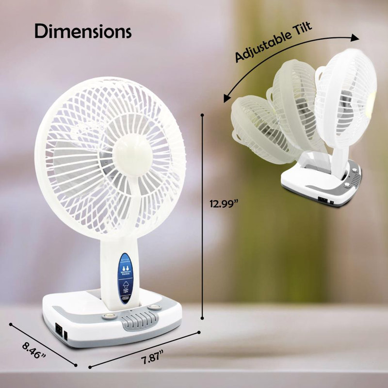 Ventilateur de bureau et mural rechargeable de 5 pouces avec inclinaison réglable, ventilateur portatif à 2 vitesses avec éclairage de travail à DEL technique, blanc et gris