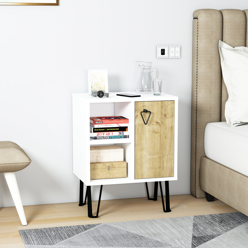 Niland 50cm W Particle Board Bedside Table, White/Oak