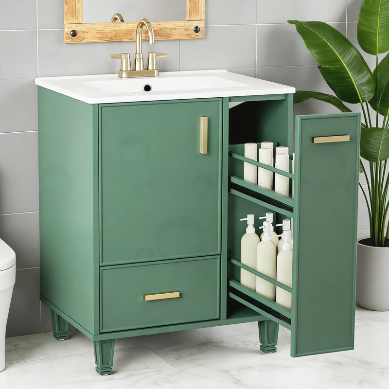 Meuble-lavabo de salle de bain avec tiroir profond et panier coulissant à 2 niveaux, Vert