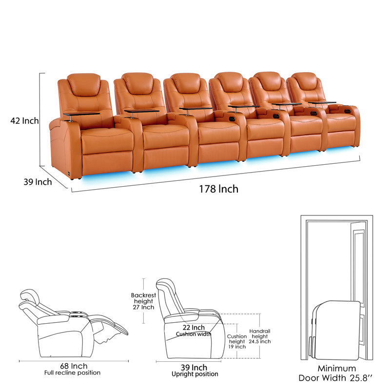 Canapé inclinable en cuir avec porte-gobelet, Orange