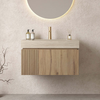 Meuble-lavabo et lavabo de 30 pouces, armoire de rangement flottante en contreplaqué avec tiroir et porte, plateau en pierre frittée en travertin Roma et lavabo en céramique avec 1 trou de robinet pré-percé, pré-assemblé