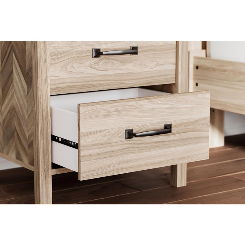 Mid-Century Modern 2 Drawer Nightstand With Chevron Pattern, 24.5" Tall, Light Brown